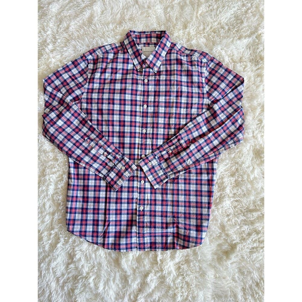 American Eagle 100% Cotton Plaid Button Down Shirt Size Large Red Blue